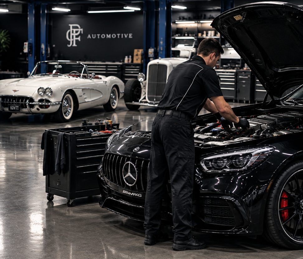 Mechanic working on a car in the PJFC Automotive workshop